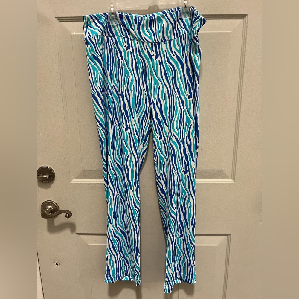 Lulu-B Blue and Green Zebra Print Elastic Waist Stretch Pants sz L